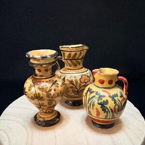 3x Vintage Miniature Handcrafted Artisan Folk Art Floral Ceramic Bud Vases